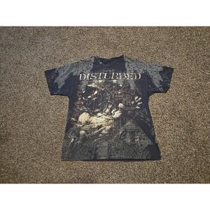 Disturbed Band T-shirt Metal Hard Rock Music AOP Acid Wash Men's Large Y2K